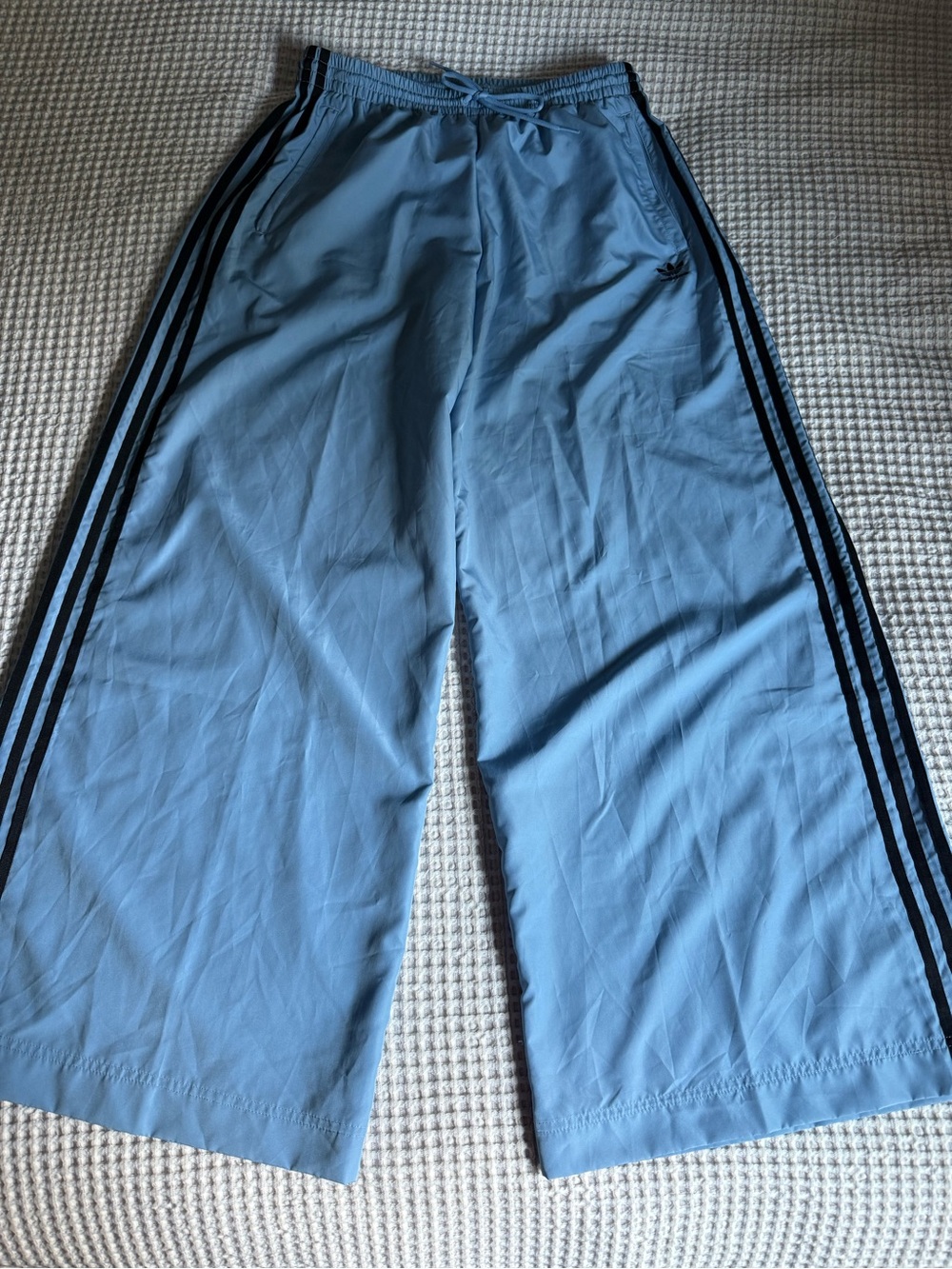 Adidas Blue Wide Leg Track Pants With Black Side Stripes